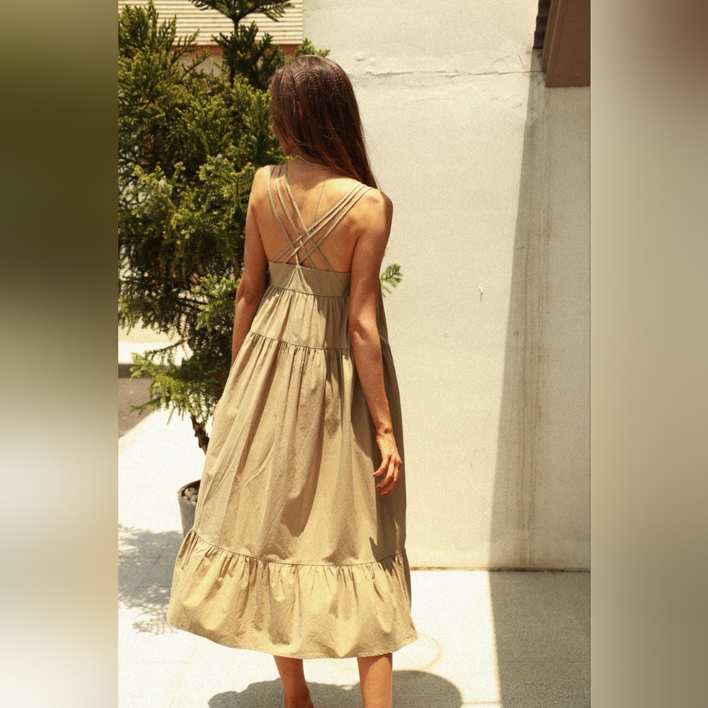NWT - Lyocell Cotton Frieeah Khaki Cross-Back Midi Sundress - Size XL